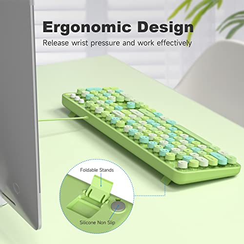 MOWUX Computer Keyboard Wired, Plug and Play USB Retro Round Typewriter Keyboard, Full Size Wired Keyboard with Foldable Stands for Laptop and Office PC- Green Colorful - Image 5
