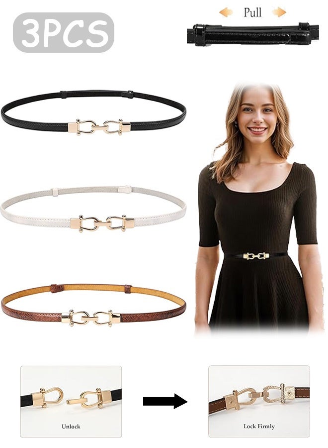 Quantum 3 PCS Leather Skinny Waist Belt, Elastic Skinny Belt for Ladies with Gold Buckle, Retro Solid Color Lock Belts for Ladies Girl Dresses Jeans Pants - Image 1
