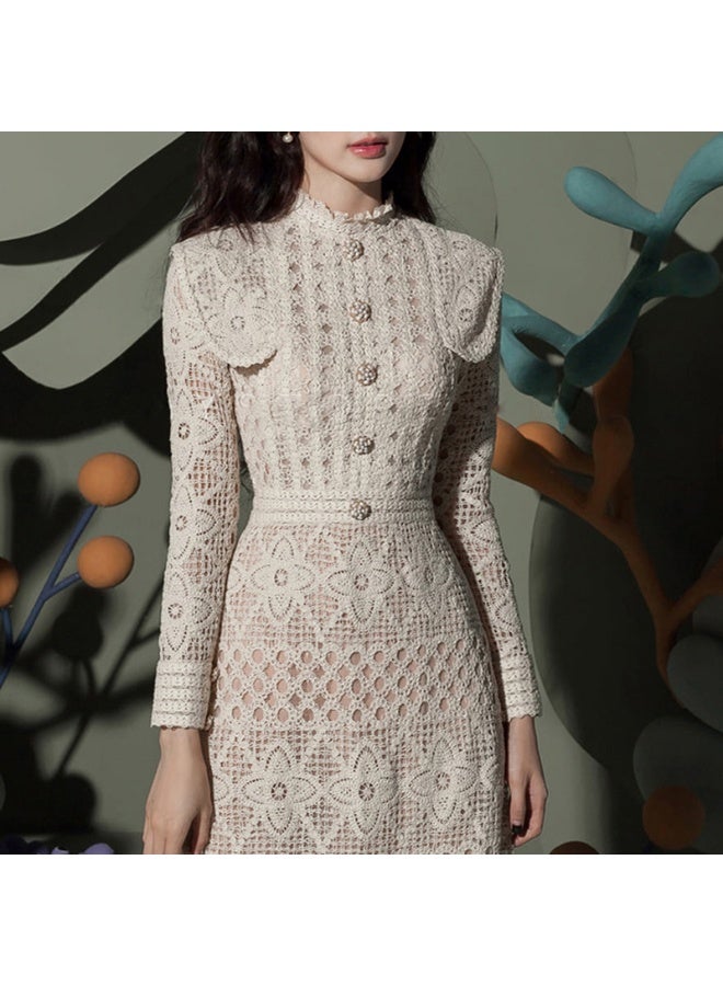 Madam Uniq White Lace Midi Dress with High Neckline and Ruffled Shoulders  - Image 2