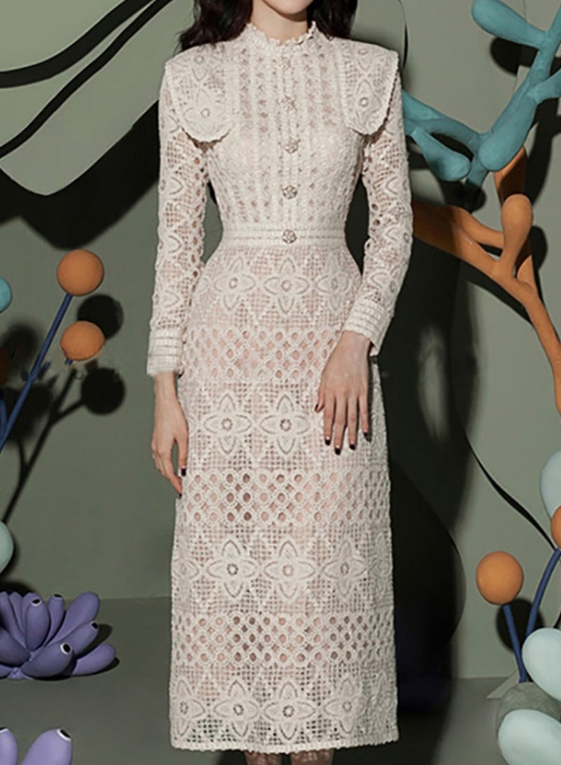 Madam Uniq White Lace Midi Dress with High Neckline and Ruffled Shoulders  - Image 1