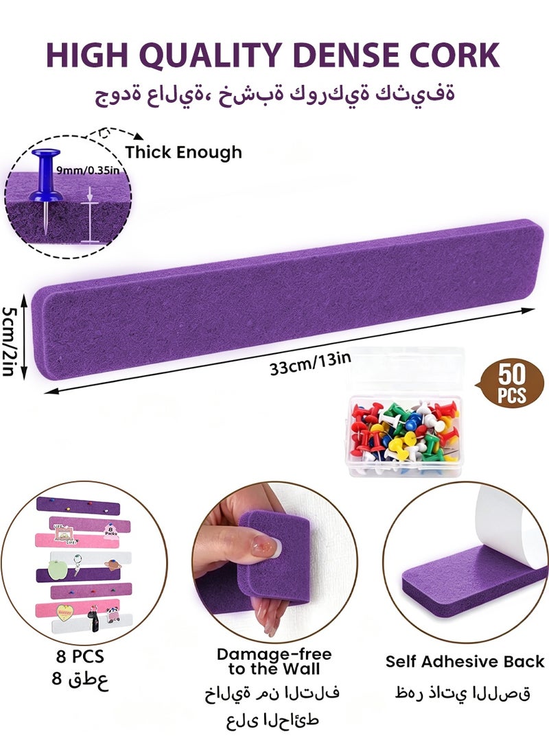 DPTER 8Pcs Cork Board Bar Strips with 50 Pushpins, Self-Adhesive Bulletin Board Strips No Damage for Wall, Felt Pin Board for Paste Notes, Photos, Schedules Office Decor，33*5cm,  Purple & Pink Series - Image 2