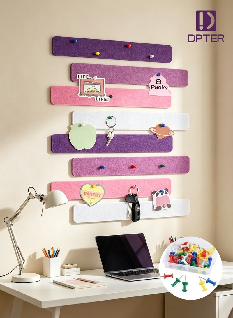 DPTER 8Pcs Cork Board Bar Strips with 50 Pushpins, Self-Adhesive Bulletin Board Strips No Damage for Wall, Felt Pin Board for Paste Notes, Photos, Schedules Office Decor，33*5cm,  Purple & Pink Series - Image 1