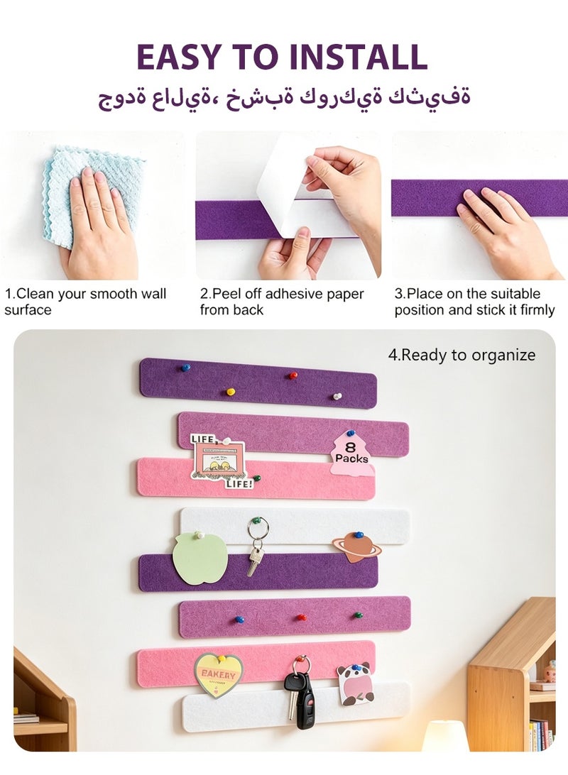 DPTER 8Pcs Cork Board Bar Strips with 50 Pushpins, Self-Adhesive Bulletin Board Strips No Damage for Wall, Felt Pin Board for Paste Notes, Photos, Schedules Office Decor，33*5cm,  Purple & Pink Series - Image 3