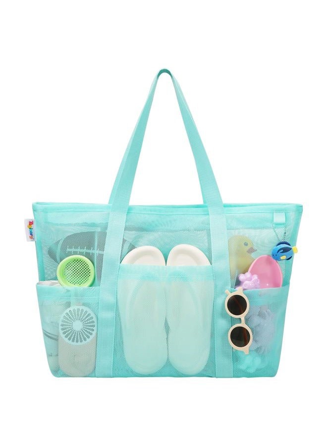 Tagitary Mesh Beach Bag with Zipper Large Beach Tote Waterproof Sandproof with 8 Pockets for Toys Pool Bag Beach Accessories, Blue, L - Image 1