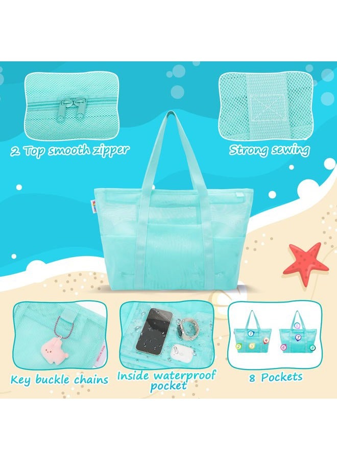 Tagitary Mesh Beach Bag with Zipper Large Beach Tote Waterproof Sandproof with 8 Pockets for Toys Pool Bag Beach Accessories, Blue, L - Image 4