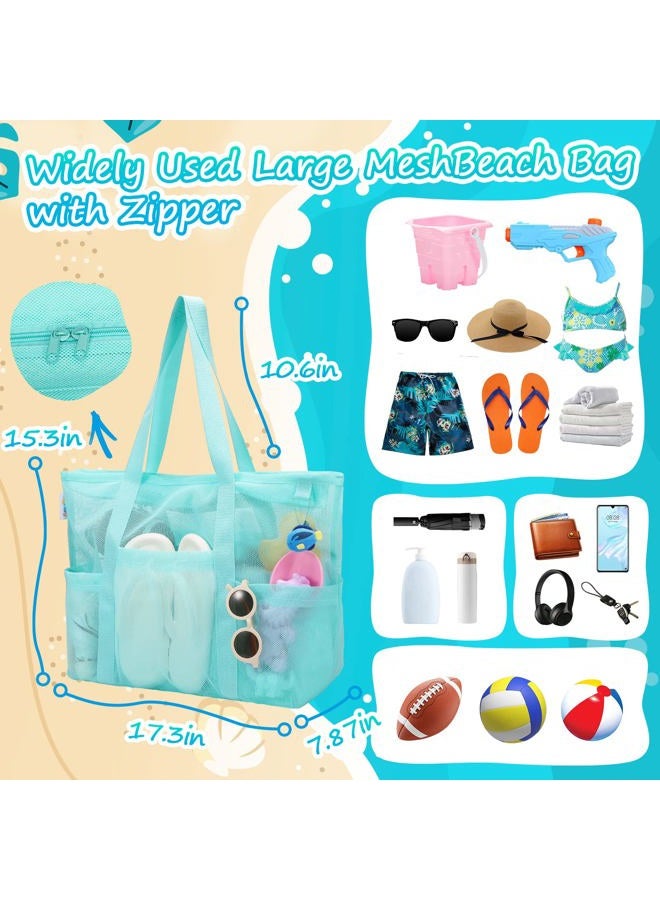 Tagitary Mesh Beach Bag with Zipper Large Beach Tote Waterproof Sandproof with 8 Pockets for Toys Pool Bag Beach Accessories, Blue, L - Image 3