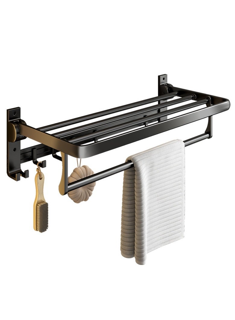 Y&D 60 cm Foldable Towel Rack withTowel Bar, Wall-Mounted Towel Shelf, Matte Black, Rustproof, Drillable, with Movable 5 Hooks, for Bathroom Lavatory Storage