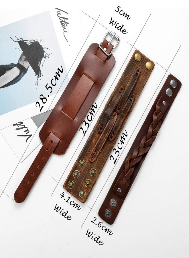Tornito 3Pcs Genuine Leather Bracelet Braided Biker Cuff Strap Punk Wide Belt Bangle Wristband For Women Men Black Brown Size Adjustable - Image 2