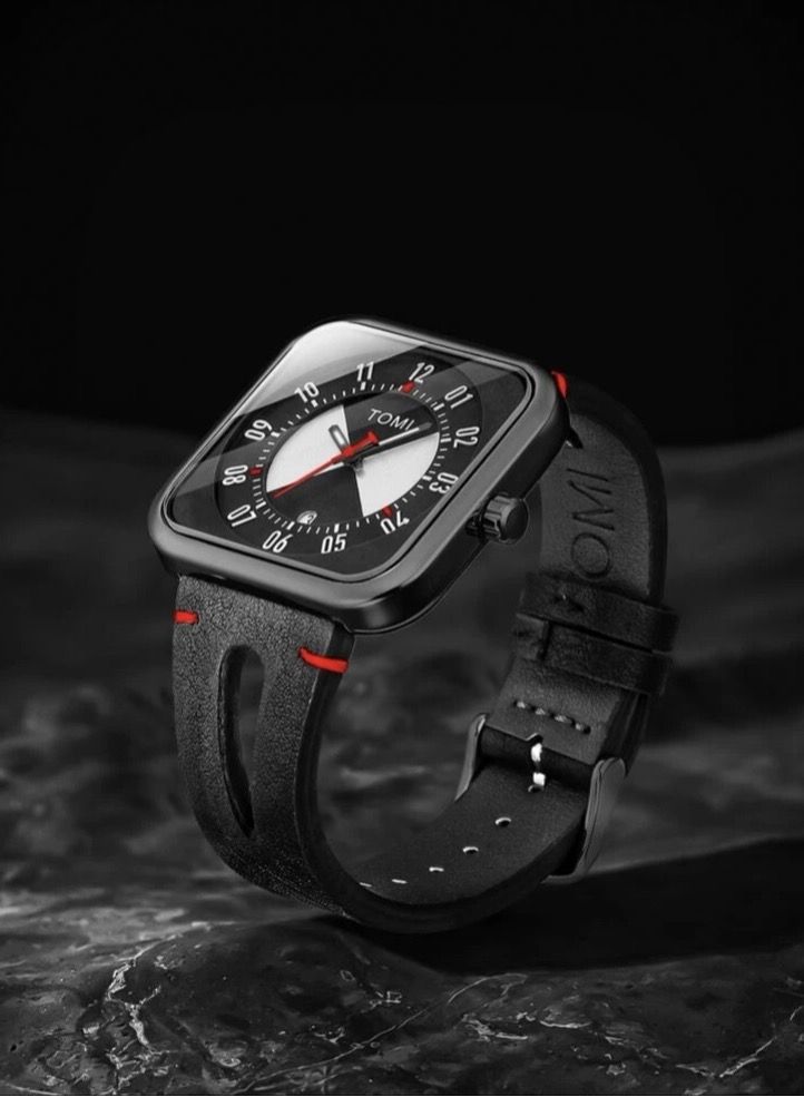 Tomi Black Leather Band Analog Watch For Unisex, Includes Daily Date Display, - Image 2