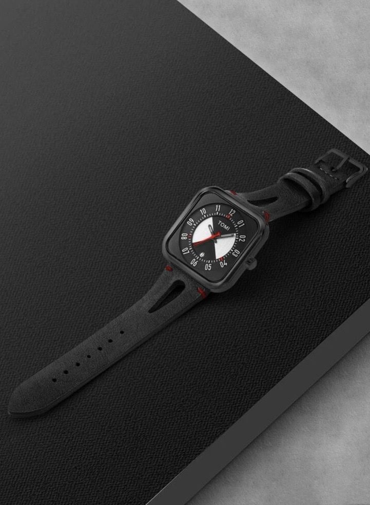Tomi Black Leather Band Analog Watch For Unisex, Includes Daily Date Display, - Image 3