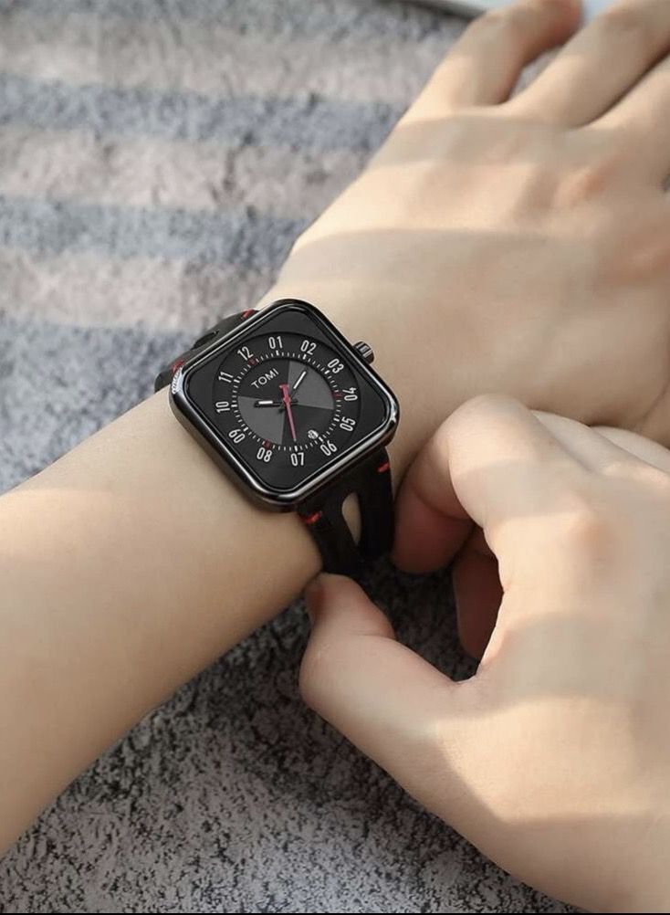 Tomi Black Leather Band Analog Watch For Unisex, Includes Daily Date Display, - Image 5