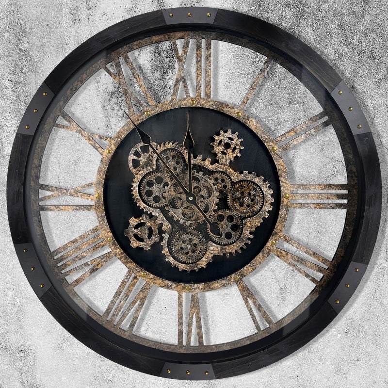 DORBOKER 27 inch Large Real Moving Gears Wall Clock with Toughened Glass Cover Oversized Solid Wood Retro Farmhouse Clock Giant Decorative Rustic Wall Clock for Living Room Home Kitchen Office Black 