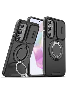 Samsung Galaxy A56 Case, Designed for Galaxy A56 5G Case, Heavy Duty Shockproof Protection Case with Finger Ring Phone Holder and Camera Lens Protector Slide Window, Phone Protect Case Cover for Samsung Galaxy A56 Black
