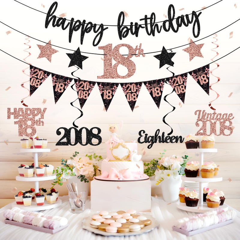 Guiruiy 12PCS 18th Birthday Decorations for Girls, Rose Gold Vintage 2008 Happy 18th Birthday Banner Triangle Flag Banner Glitter Hanging Swirls Party Supplies, Cheers to 18 Years Old Bday Decor - Image 5