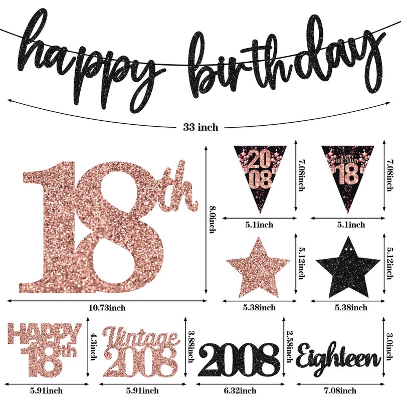 Guiruiy 12PCS 18th Birthday Decorations for Girls, Rose Gold Vintage 2008 Happy 18th Birthday Banner Triangle Flag Banner Glitter Hanging Swirls Party Supplies, Cheers to 18 Years Old Bday Decor - Image 2