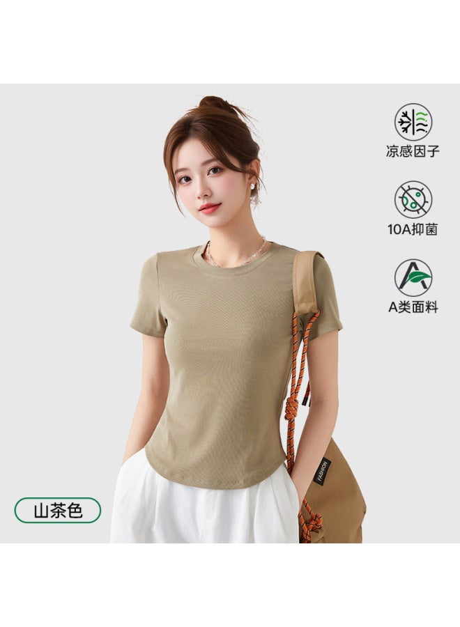 Spring/summer New Tencel Cotton Cool-feel Round Neck Short-sleeve T-shirt Women's 10a Antibacterial Slim-fit Solid Color Versatile Regular Shoulder Top Women's
