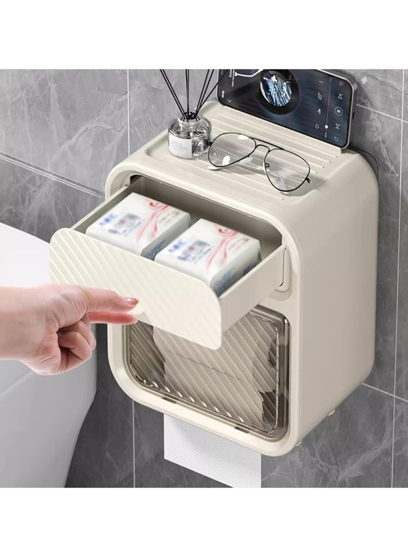 حياة كومفورت قطعة واحدة حامل مناديل تواليت جداري، علبة مناديل مقاومة للماء، حامل مناديل تواليت لاصق بدون حفر بتصميم درج للحمام، موزع مناديل مبللة، أبيض - Image 2