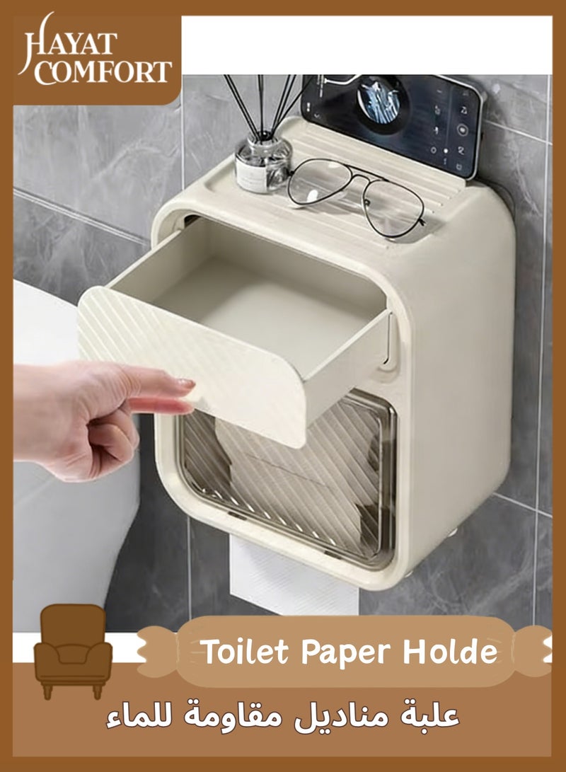 حياة كومفورت قطعة واحدة حامل مناديل تواليت جداري، علبة مناديل مقاومة للماء، حامل مناديل تواليت لاصق بدون حفر بتصميم درج للحمام، موزع مناديل مبللة، أبيض - Image 1