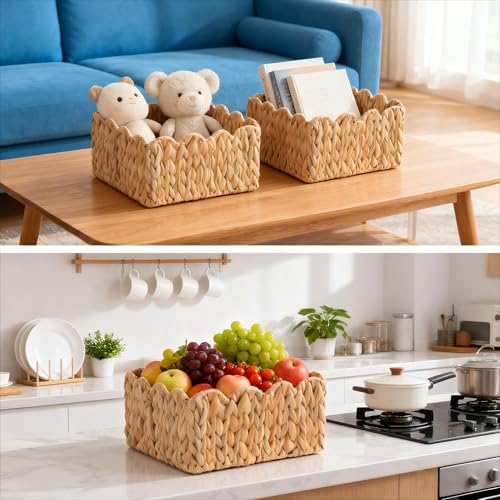 Quincry Scalloped Basket, Wicker Storage Baskets, Hand Woven Baskets for Shelves,Natural Baskets for Organizing (Water Hyacinth(S-9.5" L x 9.5" W x 5.5" H)) - Image 5