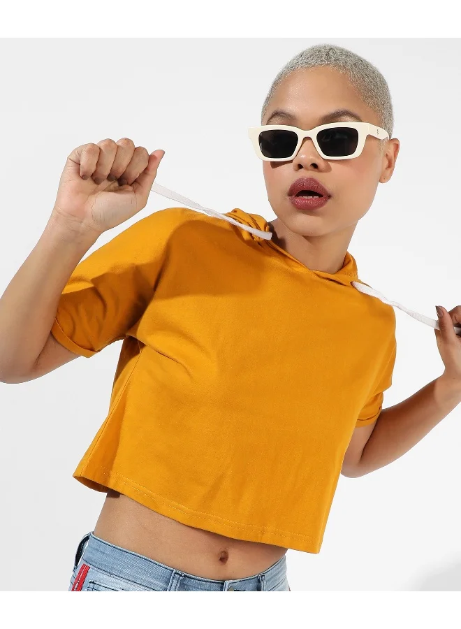 Campus Sutra Women's Solid Mustard Yellow Regular Fit Top