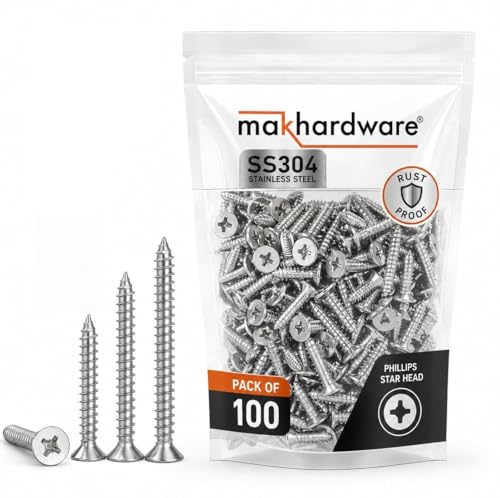 Mak Hardware® Stainless Steel 304 Phillips Star Head Screws – Anti-Rust, Durable Screws for Wood, Plywood, Drywall & Wall Fixing – Pack of 100 (38mm) - Image 1