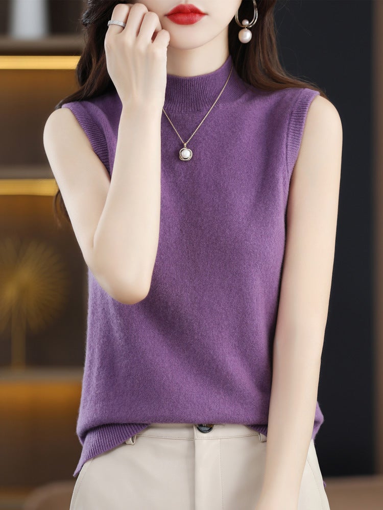 25 Semi-High Collar Pullover Solid Color Base Sleeveless T-Shirt With Camisole Versatile Knitted Top - Image 1