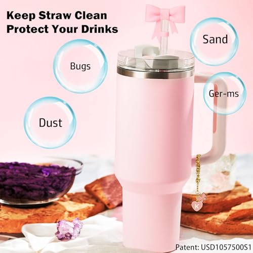 LUHOHI Pink Bow for Stanley Straw Topper- 3pcs Cute Cup Bow Straw Cover Silicone Cap 10mm with 2pcs Initial Letter Charms Name Id Personalized Accessories 40/30 Oz Tumbler Water Bottle Cups K - Image 2