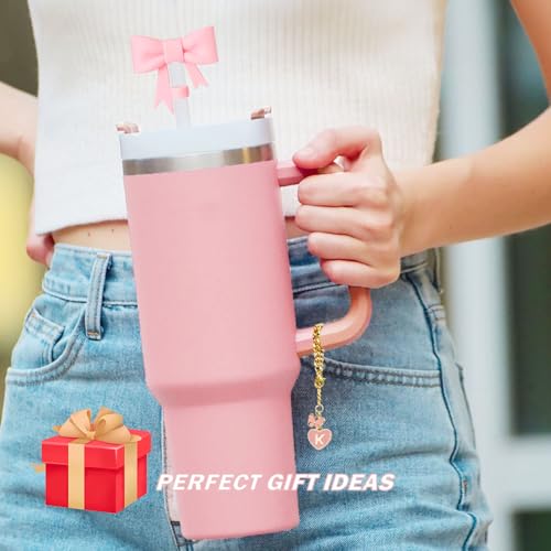 LUHOHI Pink Bow for Stanley Straw Topper- 3pcs Cute Cup Bow Straw Cover Silicone Cap 10mm with 2pcs Initial Letter Charms Name Id Personalized Accessories 40/30 Oz Tumbler Water Bottle Cups K - Image 3