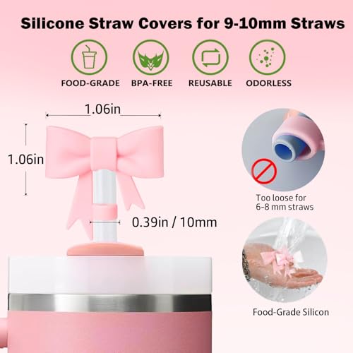 LUHOHI Pink Bow for Stanley Straw Topper- 3pcs Cute Cup Bow Straw Cover Silicone Cap 10mm with 2pcs Initial Letter Charms Name Id Personalized Accessories 40/30 Oz Tumbler Water Bottle Cups K - Image 4