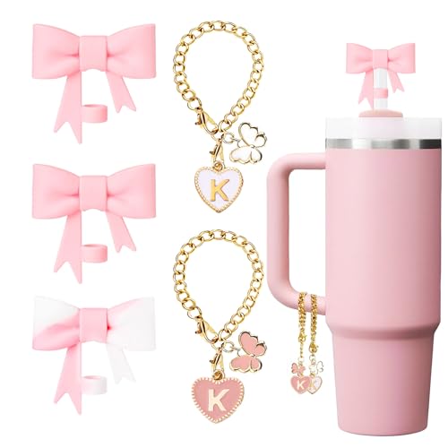 LUHOHI Pink Bow for Stanley Straw Topper- 3pcs Cute Cup Bow Straw Cover Silicone Cap 10mm with 2pcs Initial Letter Charms Name Id Personalized Accessories 40/30 Oz Tumbler Water Bottle Cups K - Image 1