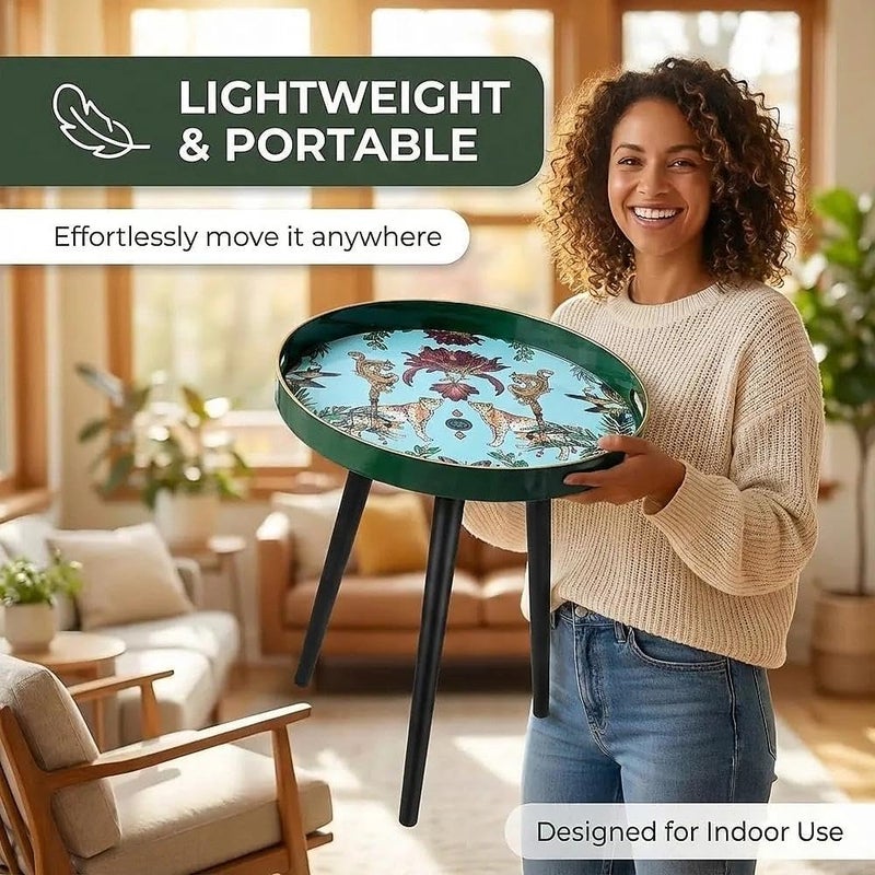 Simmer Stone Round Indoor Side Tables with Detachable Wooden 3 Legs, Versatile Tray Table, Perfect For Round Coffee Table Tea, and Relaxation Time 17.7 Inch (Green Leopard) - Image 3