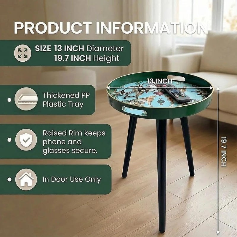 Simmer Stone Round Indoor Side Tables with Detachable Wooden 3 Legs, Versatile Tray Table, Perfect For Round Coffee Table Tea, and Relaxation Time 17.7 Inch (Green Leopard) - Image 4