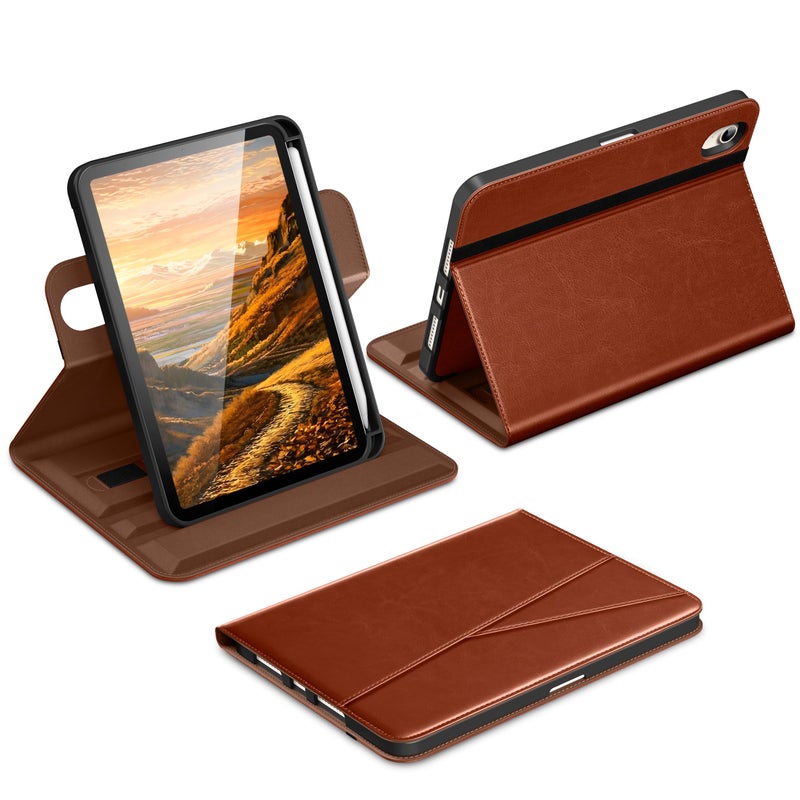 DTTO for iPad mini 7 (A17 Pro) Case, iPad mini 7th / 6th Generation Case (2024/2021), 360 Degree Rotating Premium Leather Folio Stand Cover with Pencil Holder, Brown - Image 1