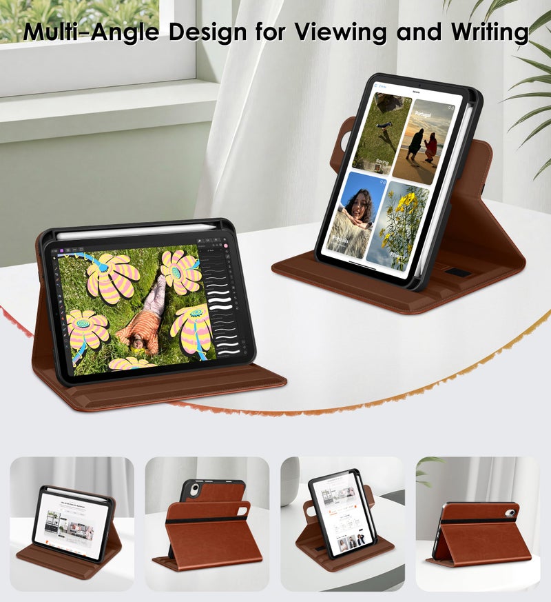DTTO for iPad mini 7 (A17 Pro) Case, iPad mini 7th / 6th Generation Case (2024/2021), 360 Degree Rotating Premium Leather Folio Stand Cover with Pencil Holder, Brown - Image 2