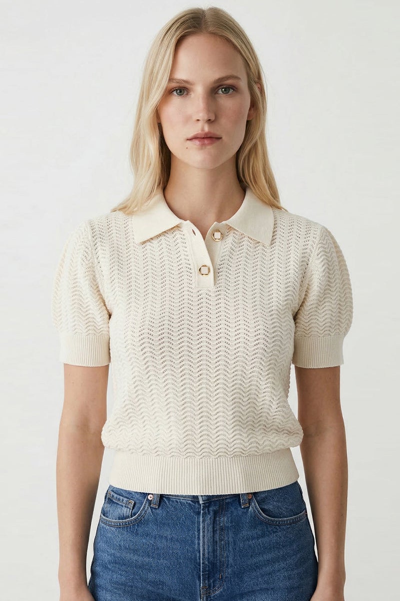 EXQUISE Polo Collar Openwork Short-Sleeved Regular Knit Beige Blouse - Image 1