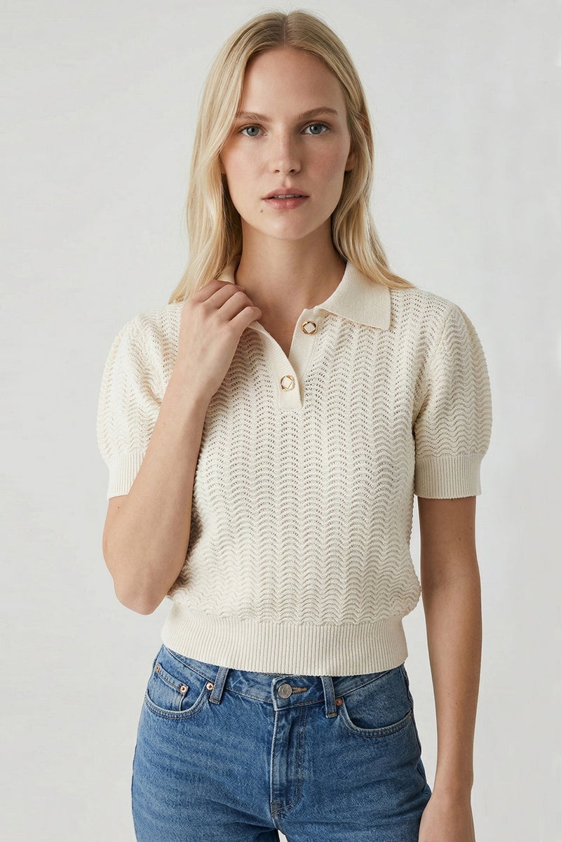 EXQUISE Polo Collar Openwork Short-Sleeved Regular Knit Beige Blouse - Image 2