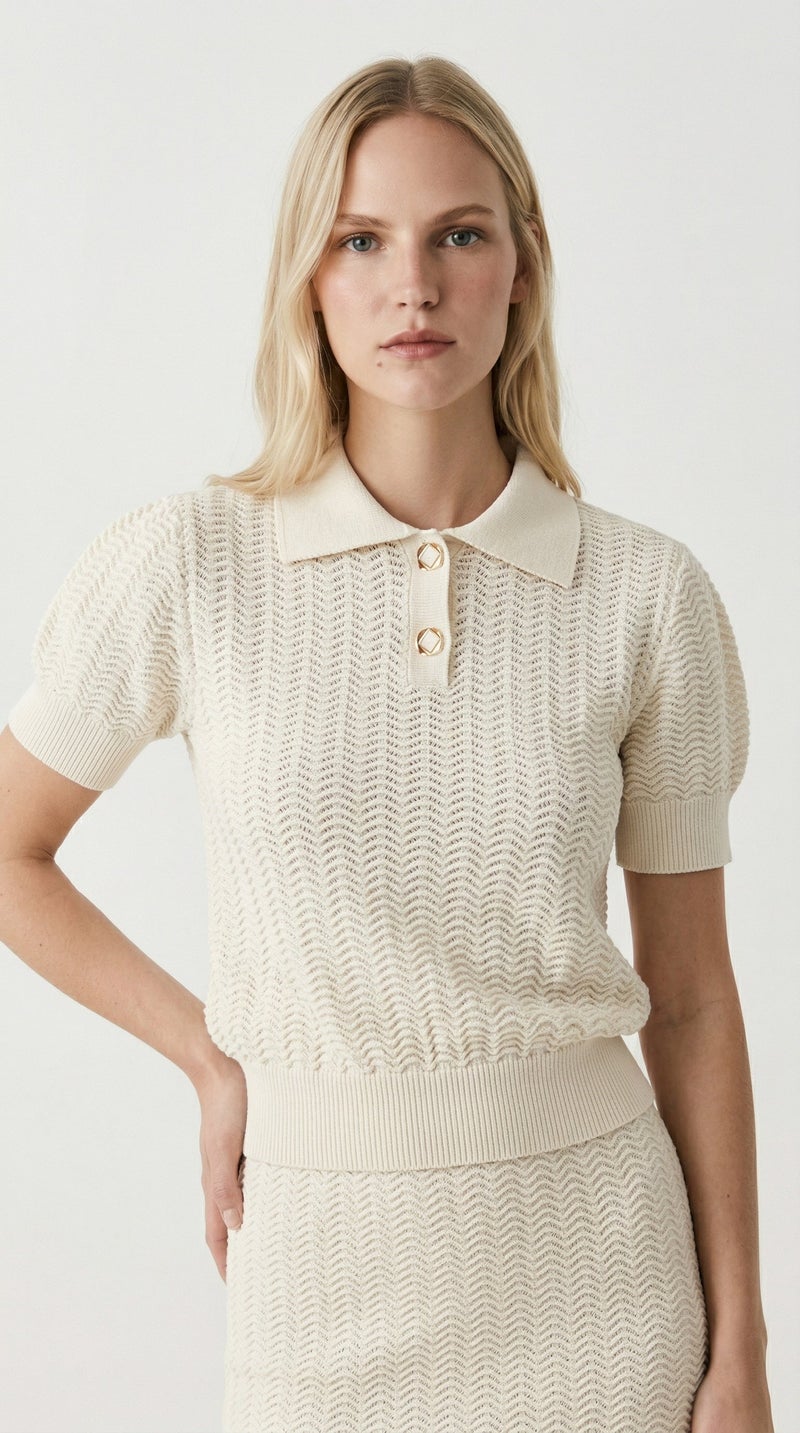 EXQUISE Polo Collar Openwork Short-Sleeved Regular Knit Beige Blouse - Image 3