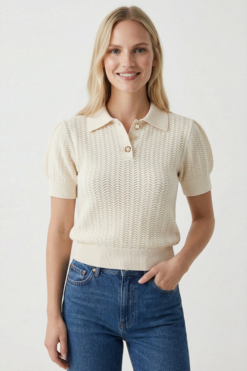 EXQUISE Polo Collar Openwork Short-Sleeved Regular Knit Beige Blouse - Image 4