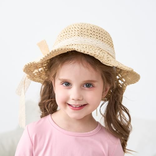 pureborn Baby Girls Straw Sun Hat - Wide Brim Sun Protection Beach Sun Hat with Chin Strap for Infant Girls 12-24 Months Khaki - Image 3