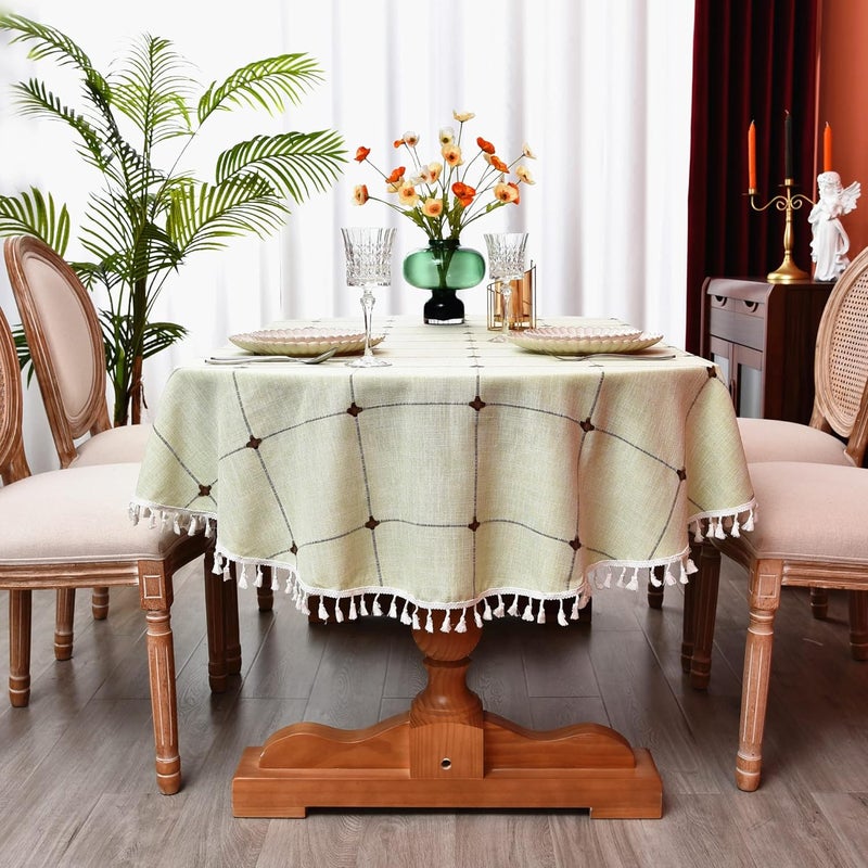 Monibana Plaid Farmhouse Green Oval Tablecloth Cotton Linen Heavy Weight Checkered Table Covers Cloths for Dining Room Kitchen Tabletop Decoration 54x72 Inch - Image 2