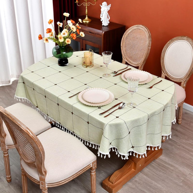 Monibana Plaid Farmhouse Green Oval Tablecloth Cotton Linen Heavy Weight Checkered Table Covers Cloths for Dining Room Kitchen Tabletop Decoration 54x72 Inch - Image 1
