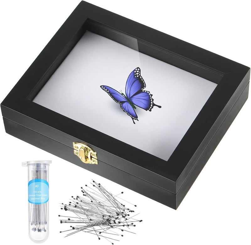 WILLBOND Insect Display Case Bug Display Box with Glass Top Acrylic Clear Top, EVA Foam Board and 300 Pieces Insect Pins Entomology Pins for Specimen Display (Black) - Image 1