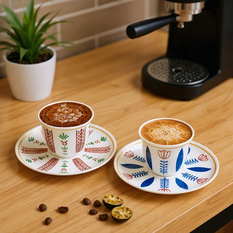 Blue Set 6 Mini Ceramic Espresso Cups With Saucers 2.37 Oz For Latte Tea - Image 2