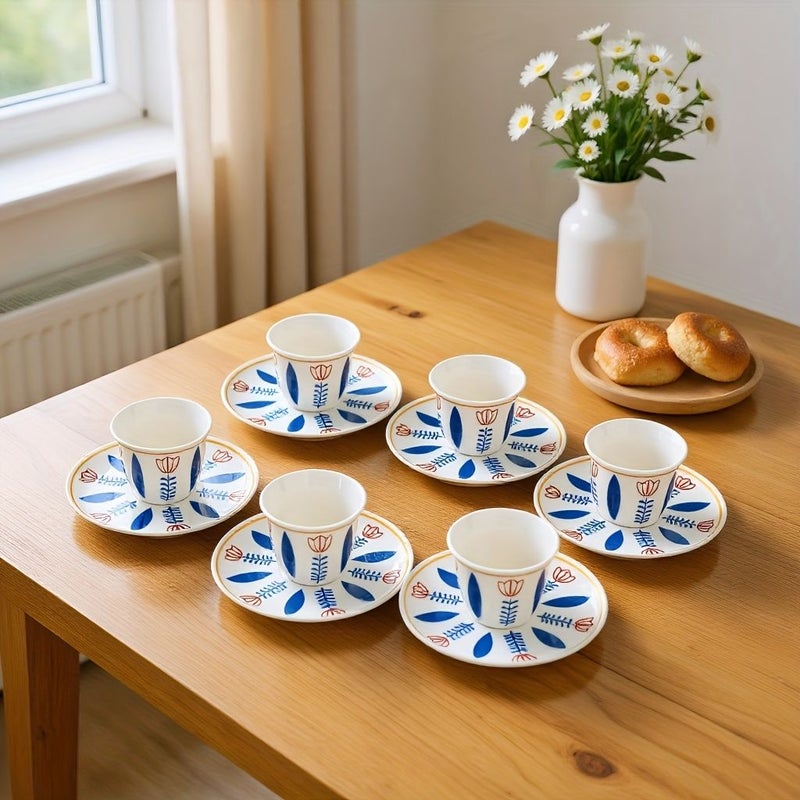 Blue Set 6 Mini Ceramic Espresso Cups With Saucers 2.37 Oz For Latte Tea - Image 4
