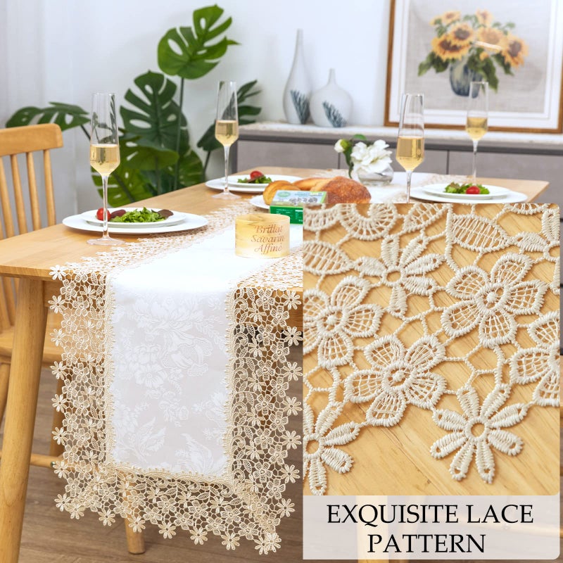 BrekSdat White lace Premium Rectangle Farmhouse Table Runner Waterproof OilProof SpillProof AntiShrink Soft Wrinkle Resistant Decorative Fabric Table Cover Kitchen Dinning Party Wedding Banquet - Image 3