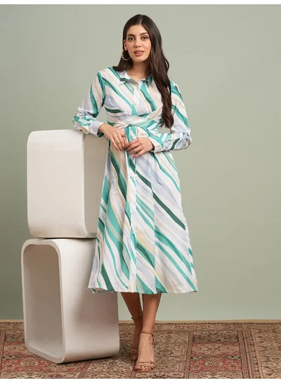 globus Women Green Collared Neck Cuffed Sleeves Abstract Print Criss Cross Tie-Up Detail Midi Shirt Dress