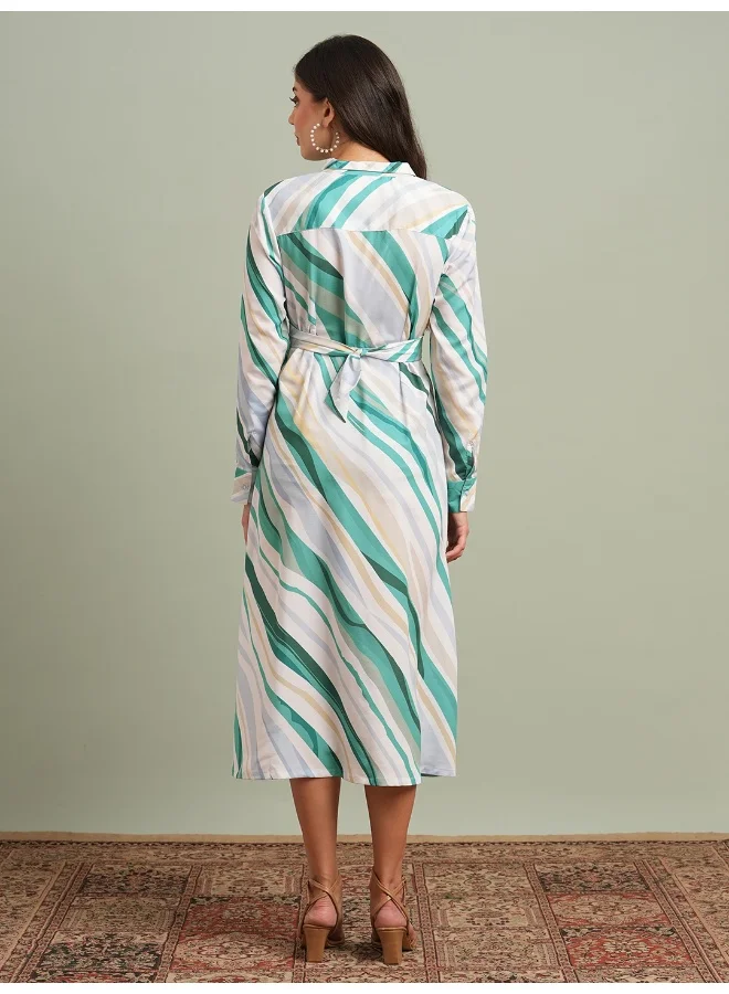 globus Women Green Collared Neck Cuffed Sleeves Abstract Print Criss Cross Tie-Up Detail Midi Shirt Dress