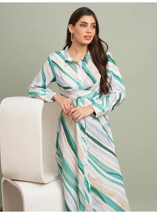 globus Women Green Collared Neck Cuffed Sleeves Abstract Print Criss Cross Tie-Up Detail Midi Shirt Dress