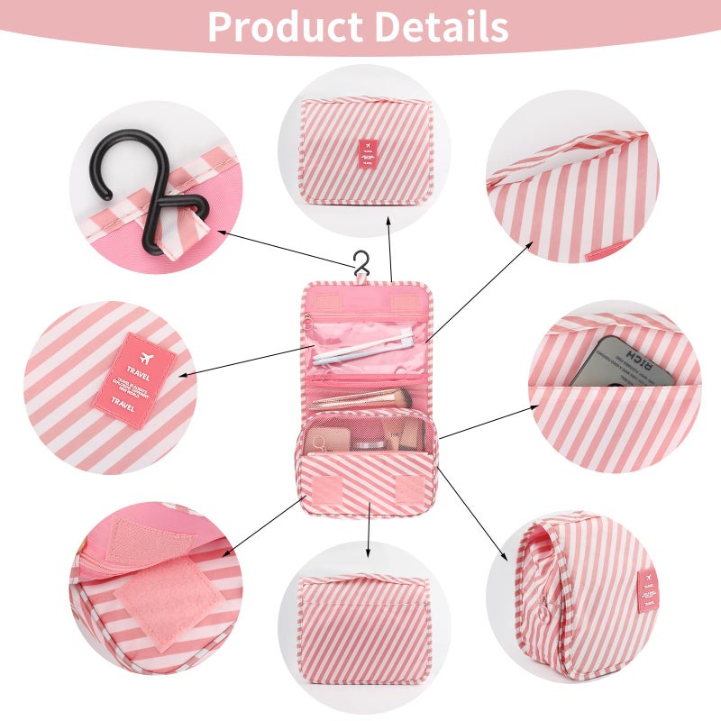 Motroce Foldable Hanging Travel Toiletry Bag,Waterproof Portable Travel Bags, Multifunction Travel Makeup Cosmetic Bag Organizer with Hanging Hook (Pink Stripe) - Image 3