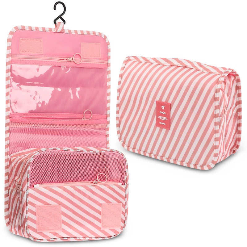 Motroce Foldable Hanging Travel Toiletry Bag,Waterproof Portable Travel Bags, Multifunction Travel Makeup Cosmetic Bag Organizer with Hanging Hook (Pink Stripe) - Image 1